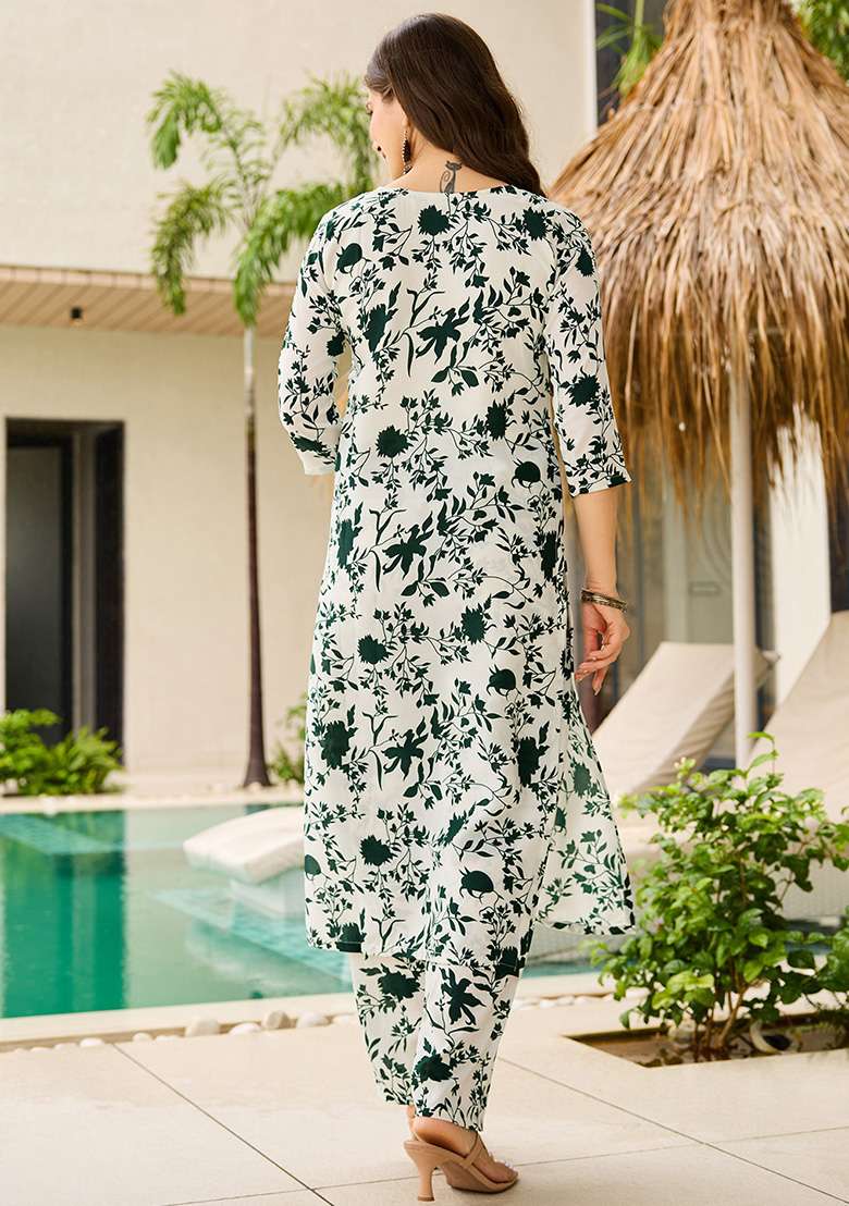 Off White Floral Print Silk Straight Kurta Set - Indya