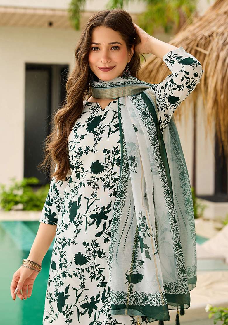 Off White Floral Print Silk Straight Kurta Set - Indya