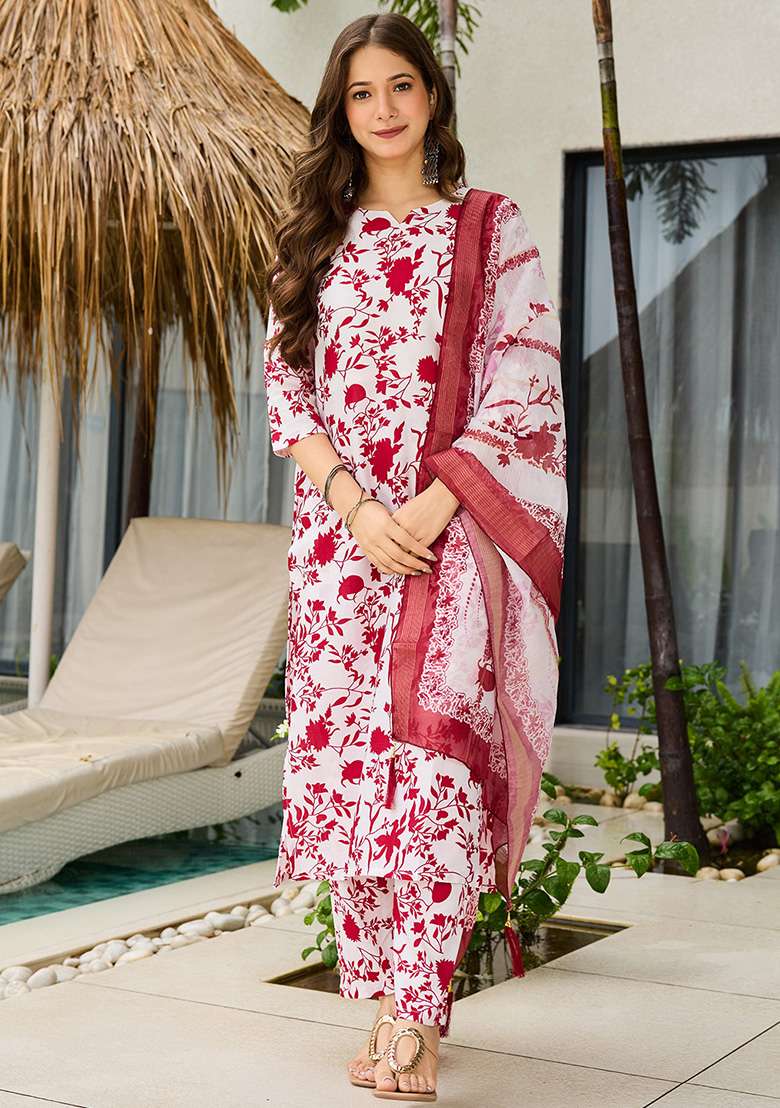 Off White Floral Print Silk Straight Kurta Set - Indya