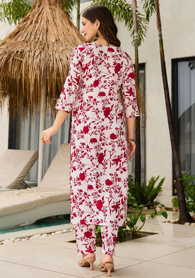 Off White Floral Print Silk Straight Kurta Set - Indya