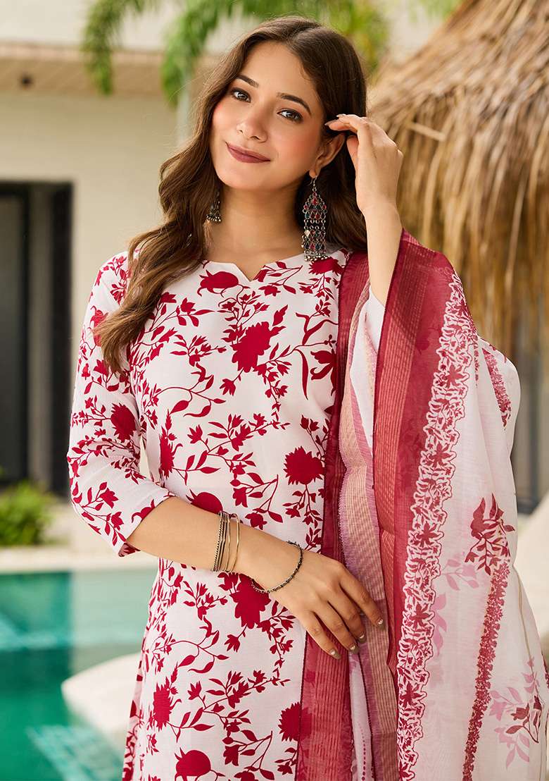 Off White Floral Print Silk Straight Kurta Set - Indya