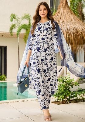 Off White Floral Print Silk Kurta Set
