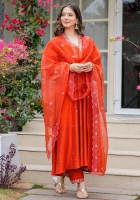 Orange Thread Work Viscose Kurta Set