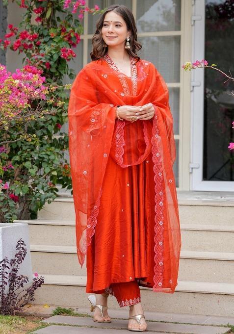Orange Thread Work Viscose Kurta Set