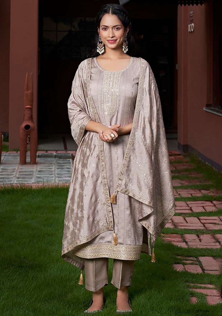 Grey Jacquard Silk Straight Kurta Set - Indya