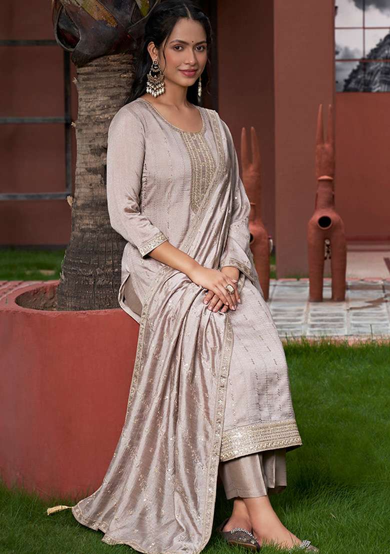 Grey Jacquard Silk Straight Kurta Set - Indya