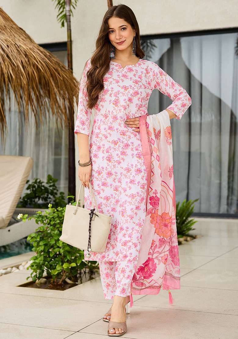 Off White Floral Print Silk Straight Kurta Set - Indya