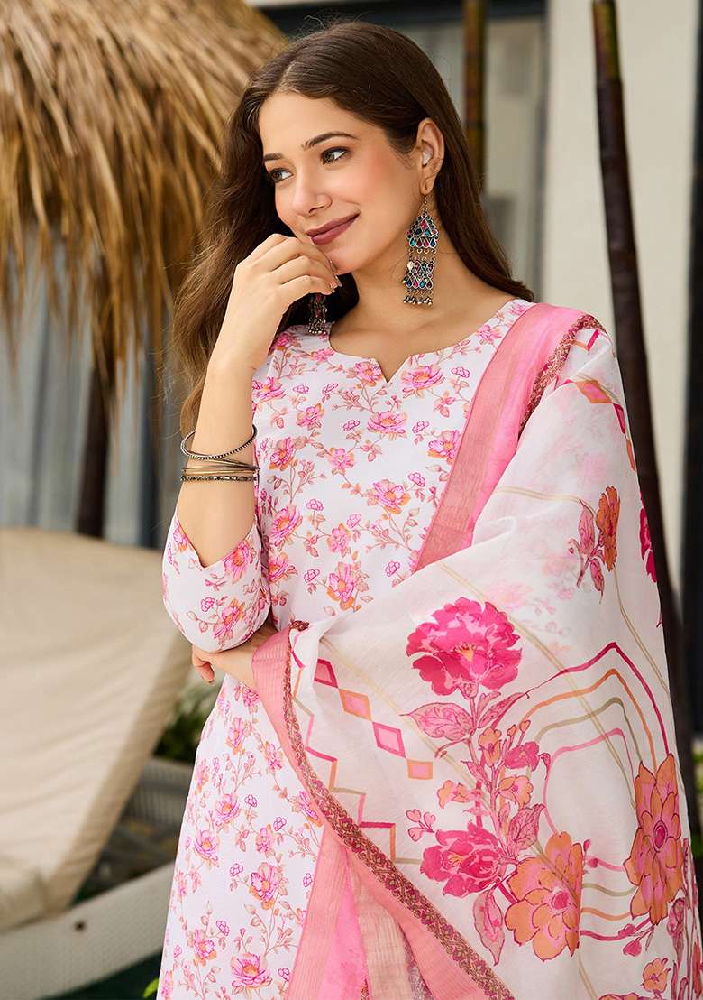 Off White Floral Print Silk Straight Kurta Set - Indya