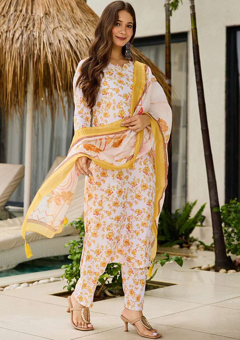 Off White Floral Print Silk Straight Kurta Set - Indya