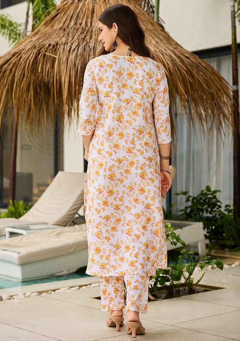 Off White Floral Print Silk Straight Kurta Set - Indya