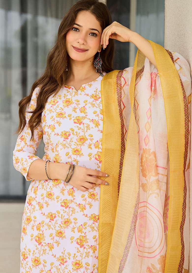 Off White Floral Print Silk Straight Kurta Set - Indya