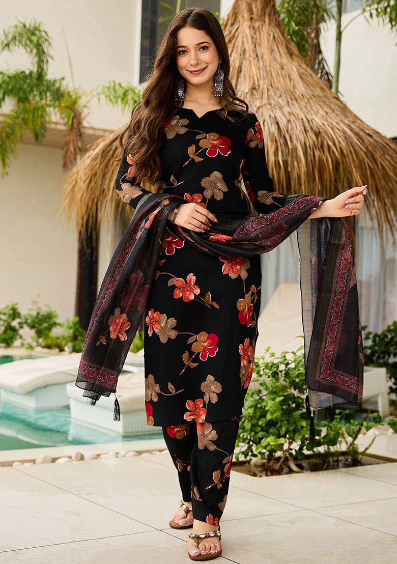 Black Floral Print Silk Pakistani Suit Set - Indya