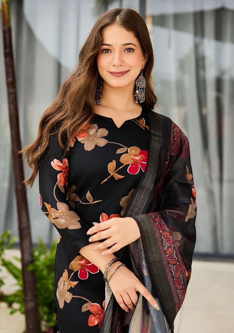 Black Floral Print Silk Pakistani Suit Set - Indya
