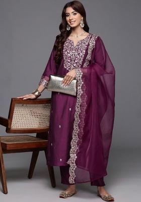 Wine Embroidery Chanderi Kurta Set
