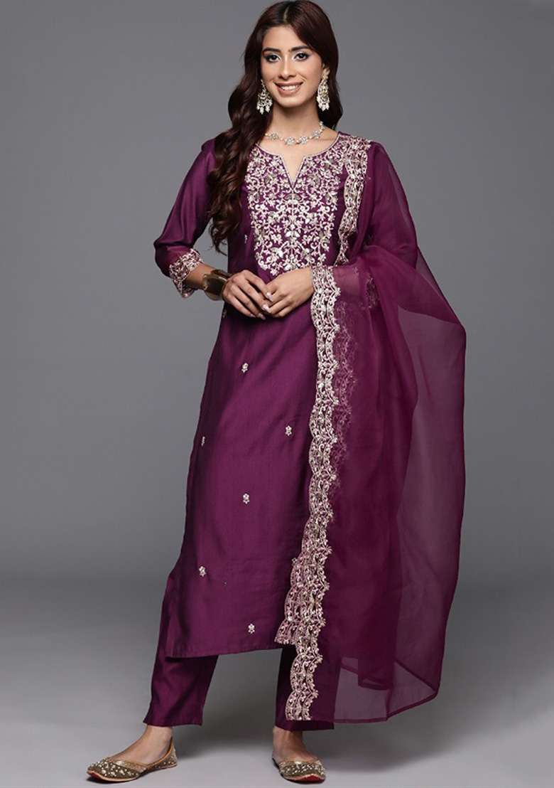 Wine Embroidered Chanderi Pakistani Suit Set - Indya