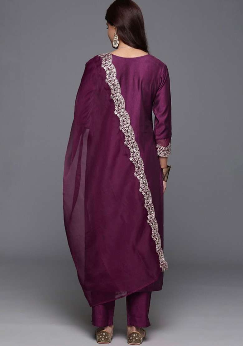 Wine Embroidered Chanderi Pakistani Suit Set - Indya