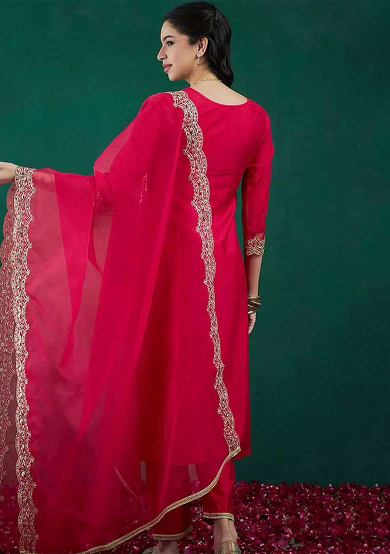 Pink Embroidered Chanderi Straight Kurta Set - Indya