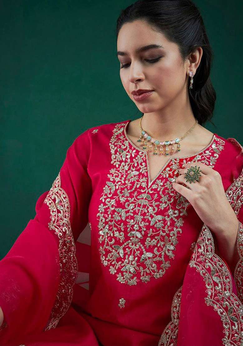 Pink Embroidered Chanderi Straight Kurta Set - Indya