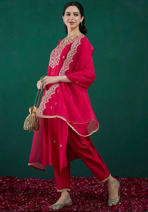 Pink Embroidery Chanderi Kurta Set