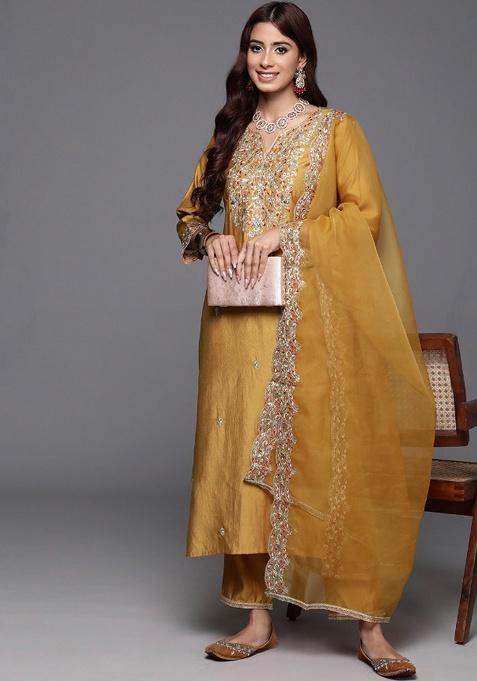 Yellow Embroidery Chanderi Kurta Set
