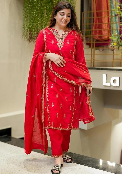 Red Embroidery Silk Kurta Set