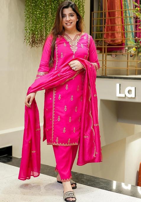 Rani Pink Embroidery Silk Kurta Set