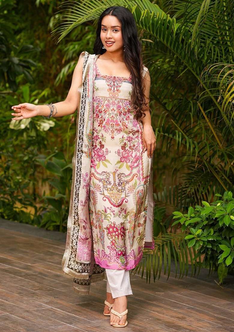 Cream Floral Print Crepe Pakistani Suit Set - Indya