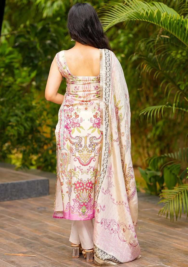 Cream Floral Print Crepe Pakistani Suit Set - Indya