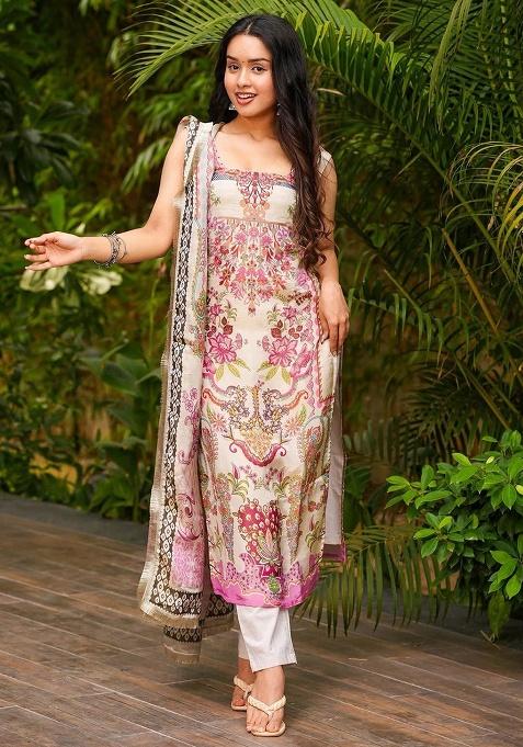 Cream Printed Crepe Kurta Set