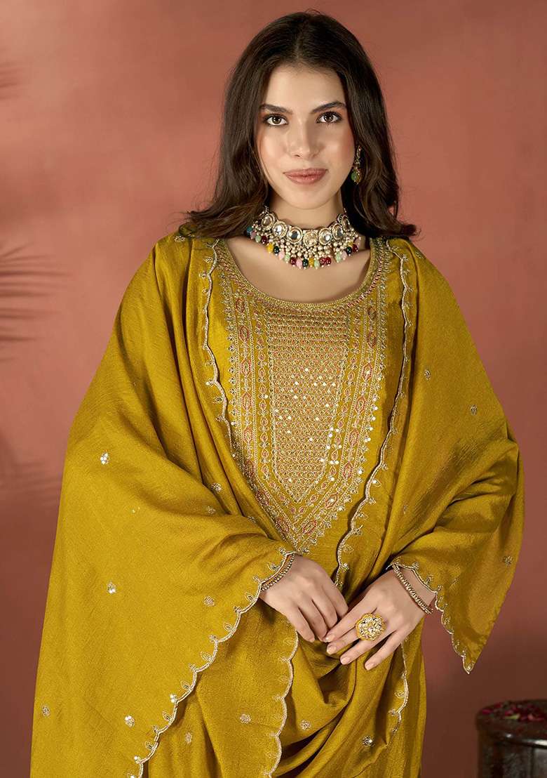 Mustard Embroidered Silk Blend Straight Kurta Set - Indya