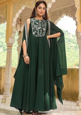 Dark Green Embroidered Georgette Anarkali Set