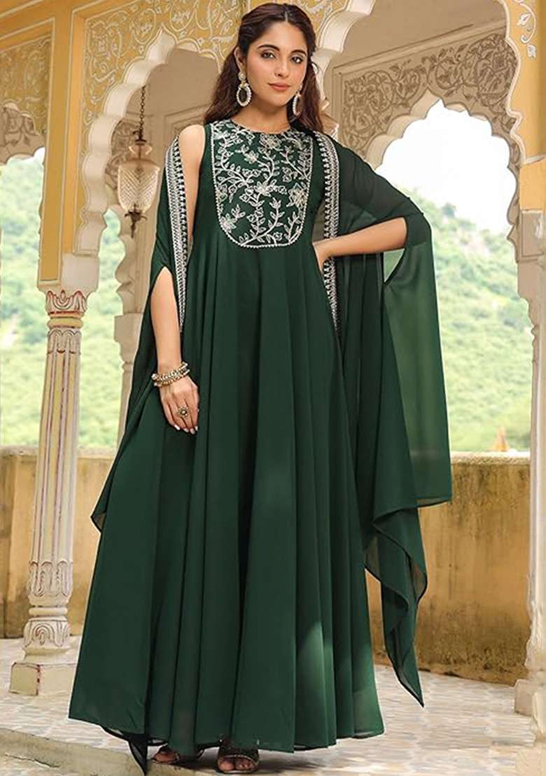Dark Green Embroidered Georgette Anarkali Set - Indya