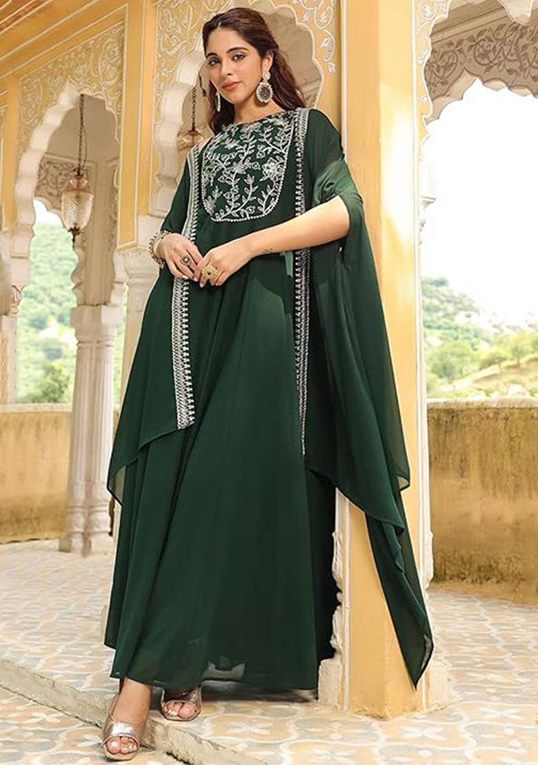 Dark Green Embroidered Georgette Anarkali Set - Indya