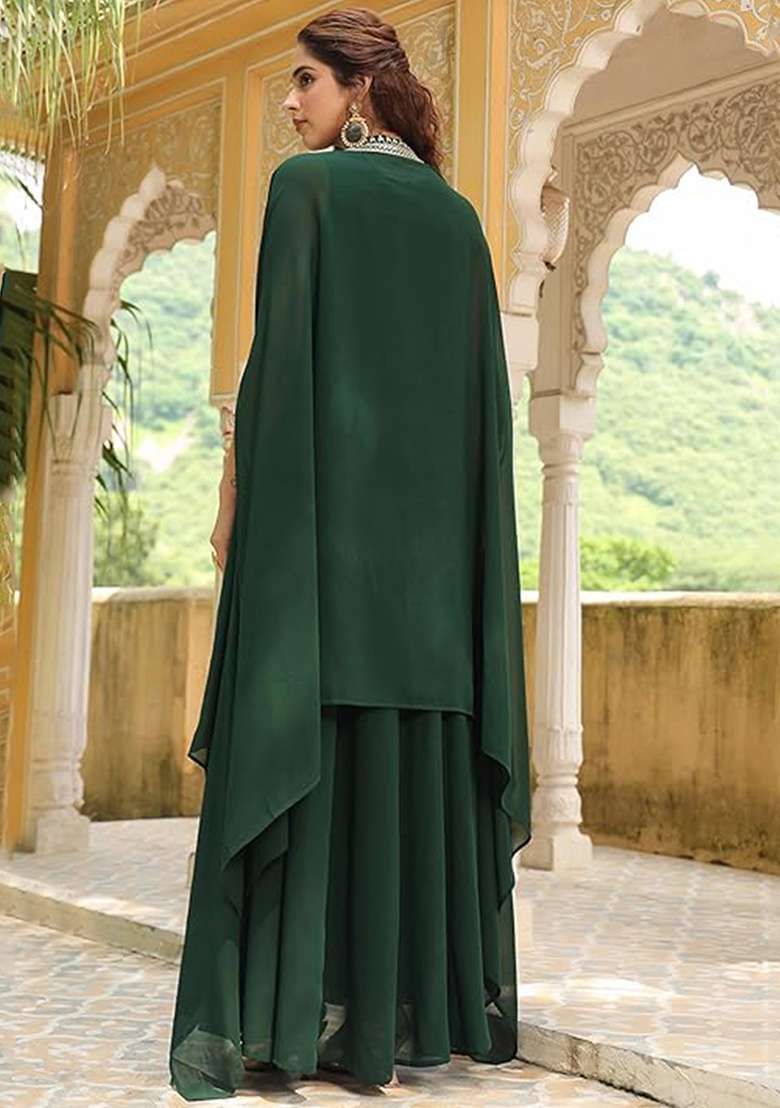 Dark Green Embroidered Georgette Anarkali Set - Indya