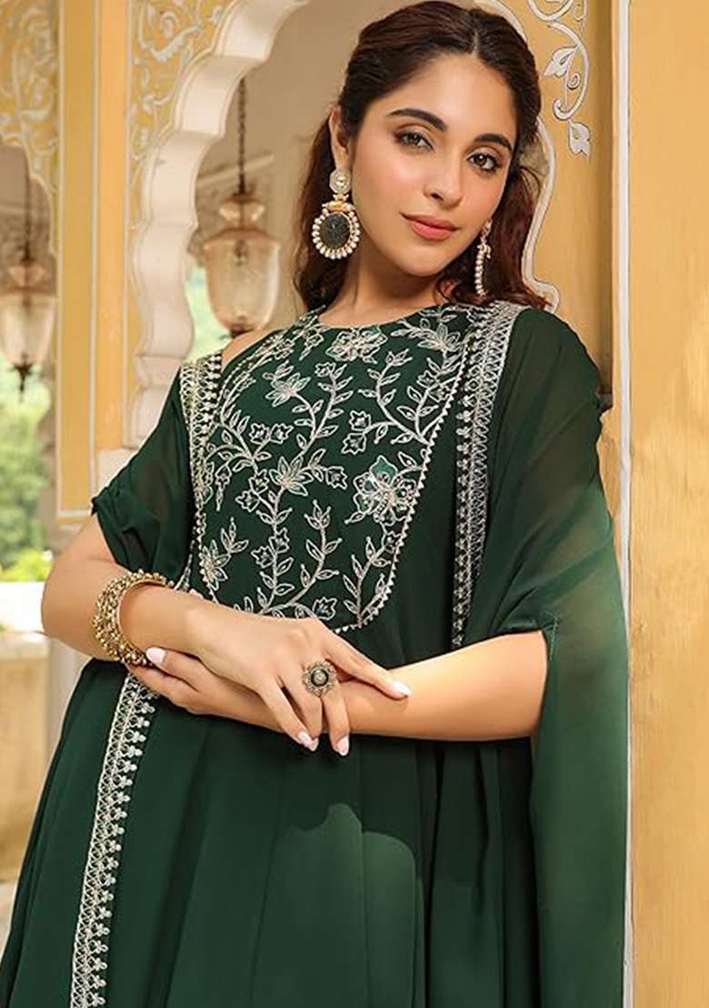 Dark Green Embroidered Georgette Anarkali Set - Indya
