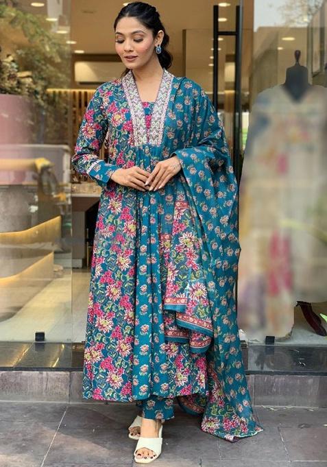 Teal Printed Cotton Blend Kurta Set
