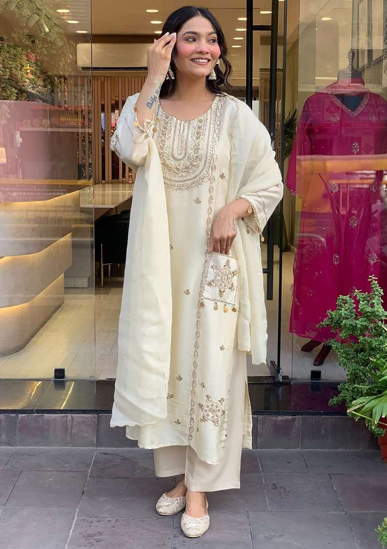 Off White Embroidery Silk Blend Kurta Set - Indya