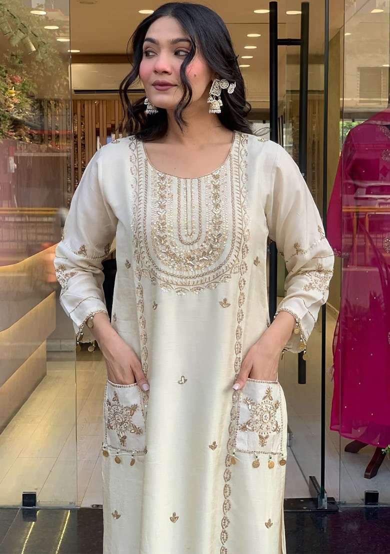 Off White Embroidery Silk Blend Kurta Set - Indya