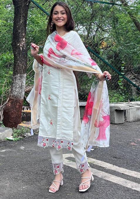 White Embroidery Chanderi Kurta Set
