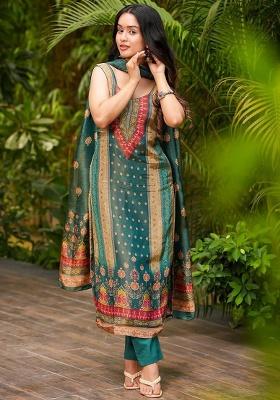 Teal Green Printed Silk Kurta Set