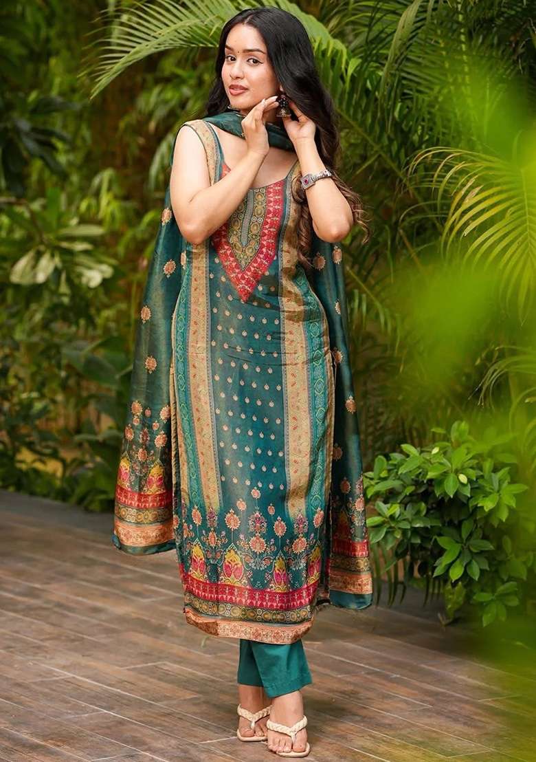 Teal Green Printed Silk Blend Straight Kurta Set - Indya