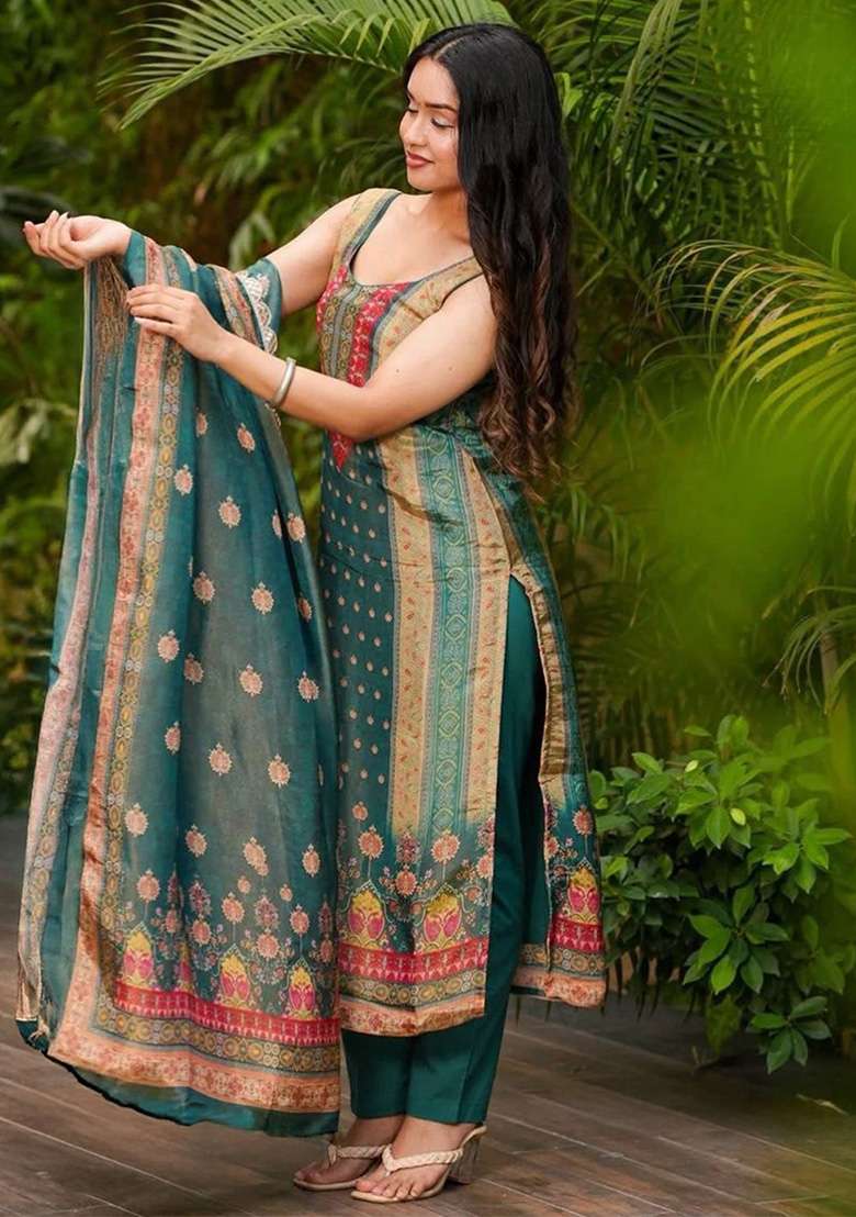 Teal Green Printed Silk Blend Straight Kurta Set - Indya
