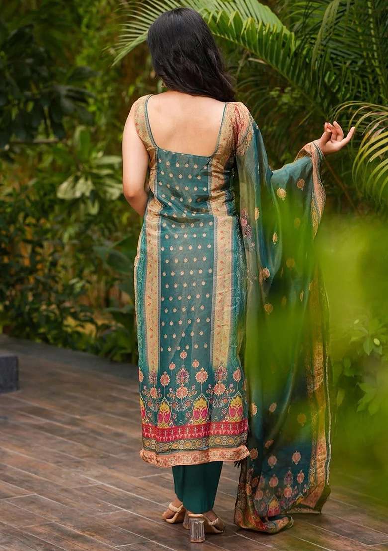 Teal Green Printed Silk Blend Straight Kurta Set - Indya