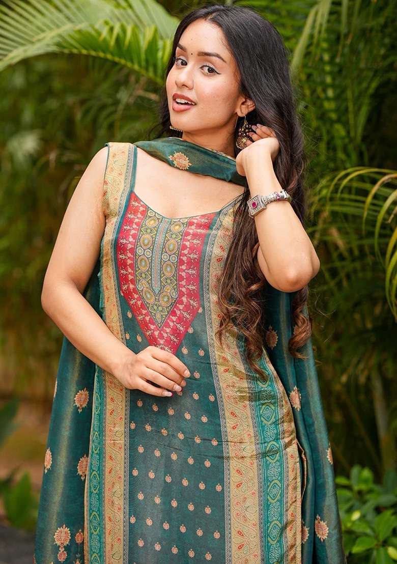 Teal Green Printed Silk Blend Straight Kurta Set - Indya