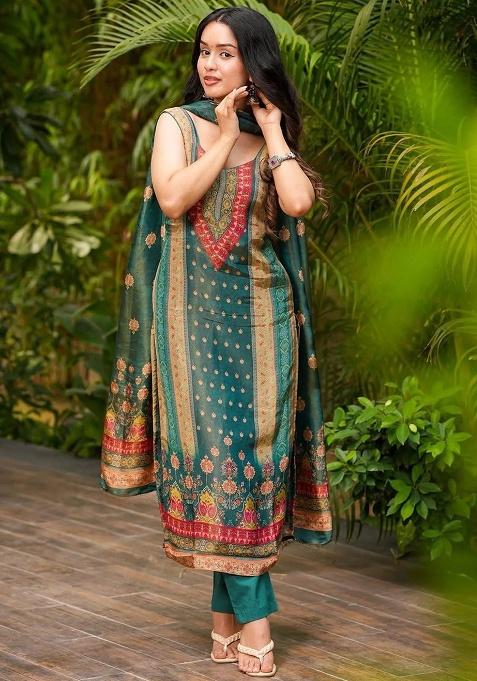 Teal Green Printed Silk Kurta Set