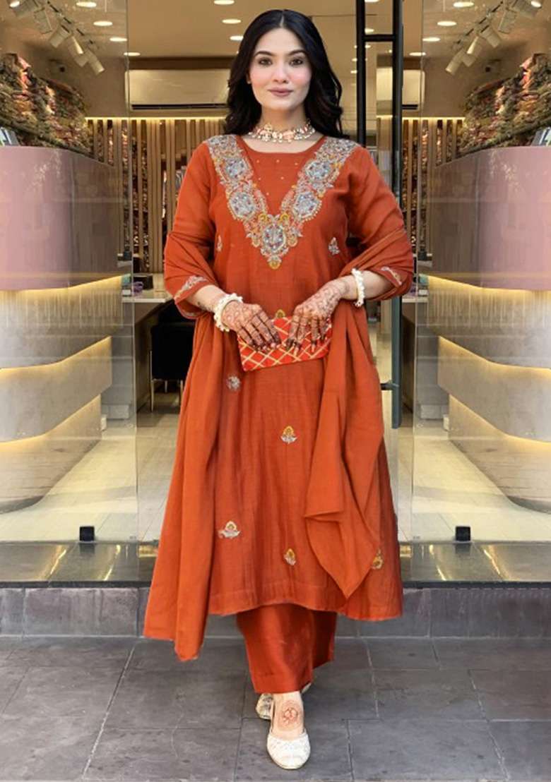 Dark Orange Embroidery Silk Kurta Set - Indya