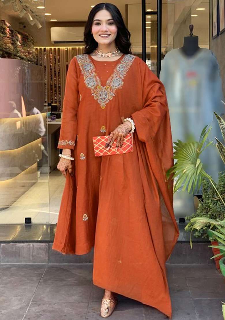 Dark Orange Embroidery Silk Kurta Set - Indya