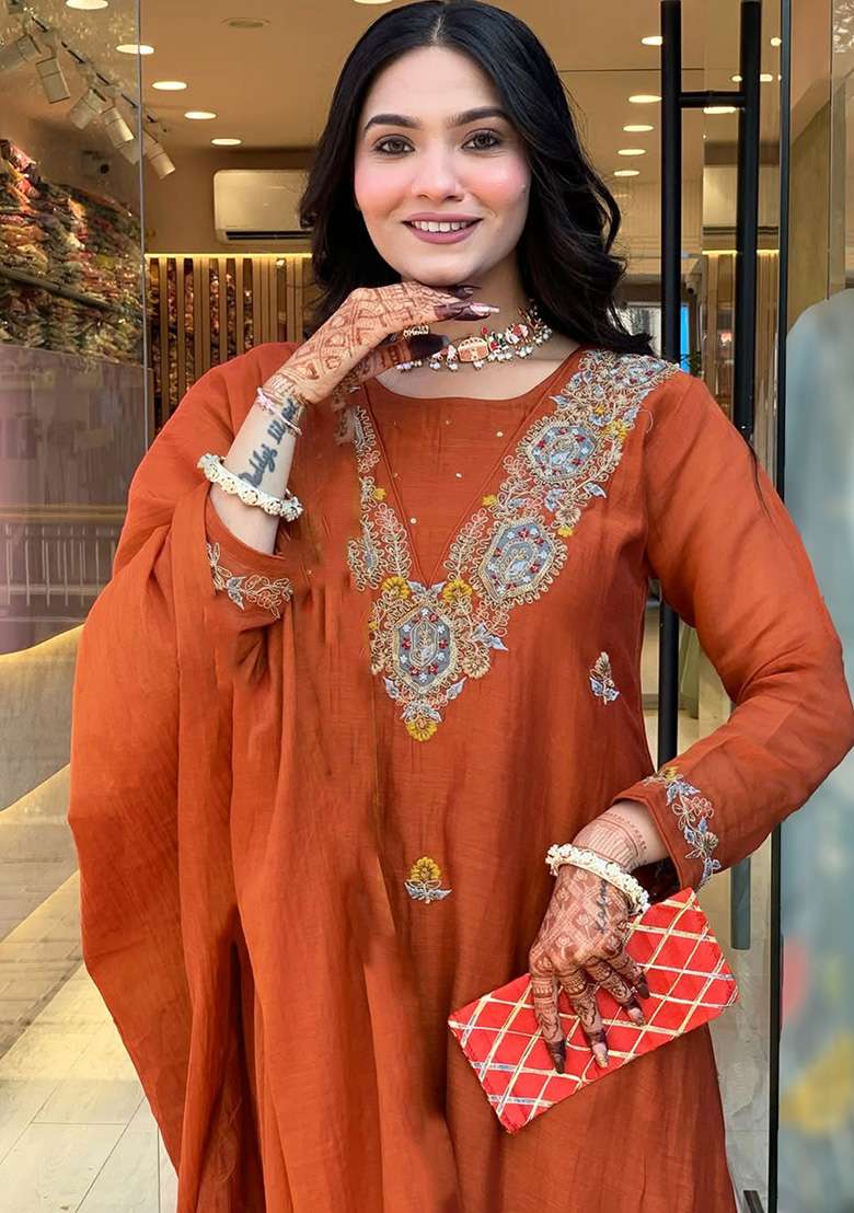 Dark Orange Embroidery Silk Kurta Set - Indya