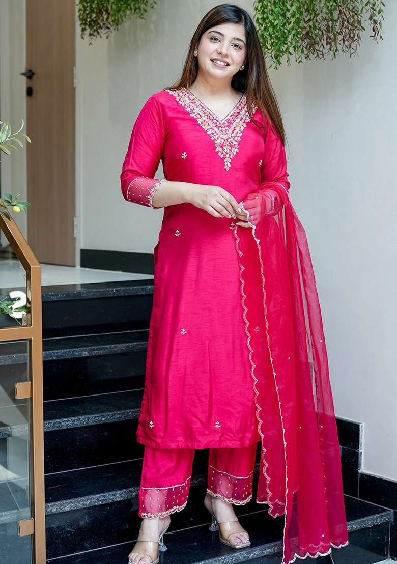 Rani Pink Embroidered Viscose Straight Kurta Set - Indya