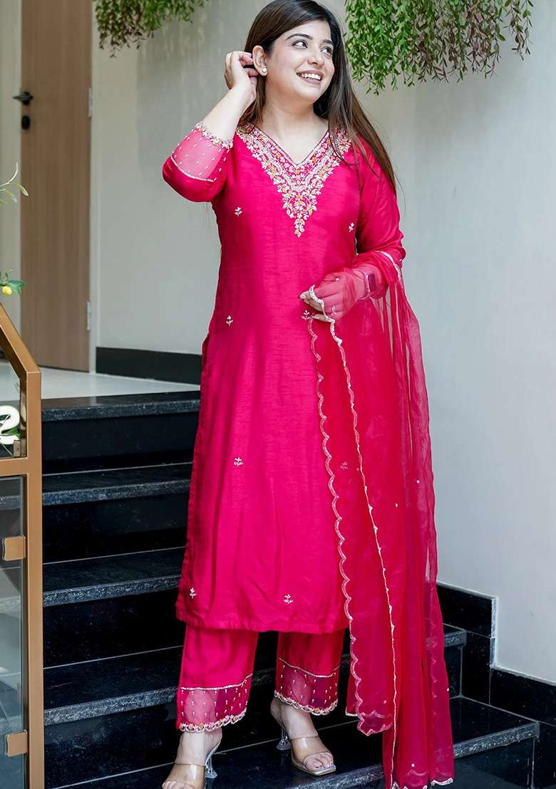 Rani Pink Embroidered Viscose Straight Kurta Set - Indya